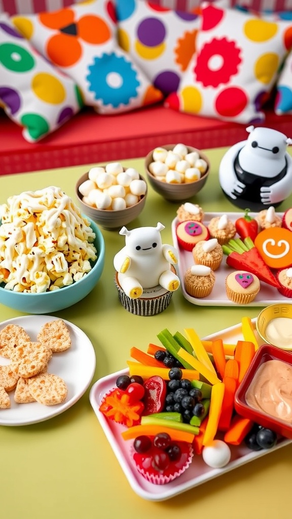 A variety of fun snacks inspired by Big Hero 6, including popcorn, Rice Krispy treats, mini cupcakes, and veggies.